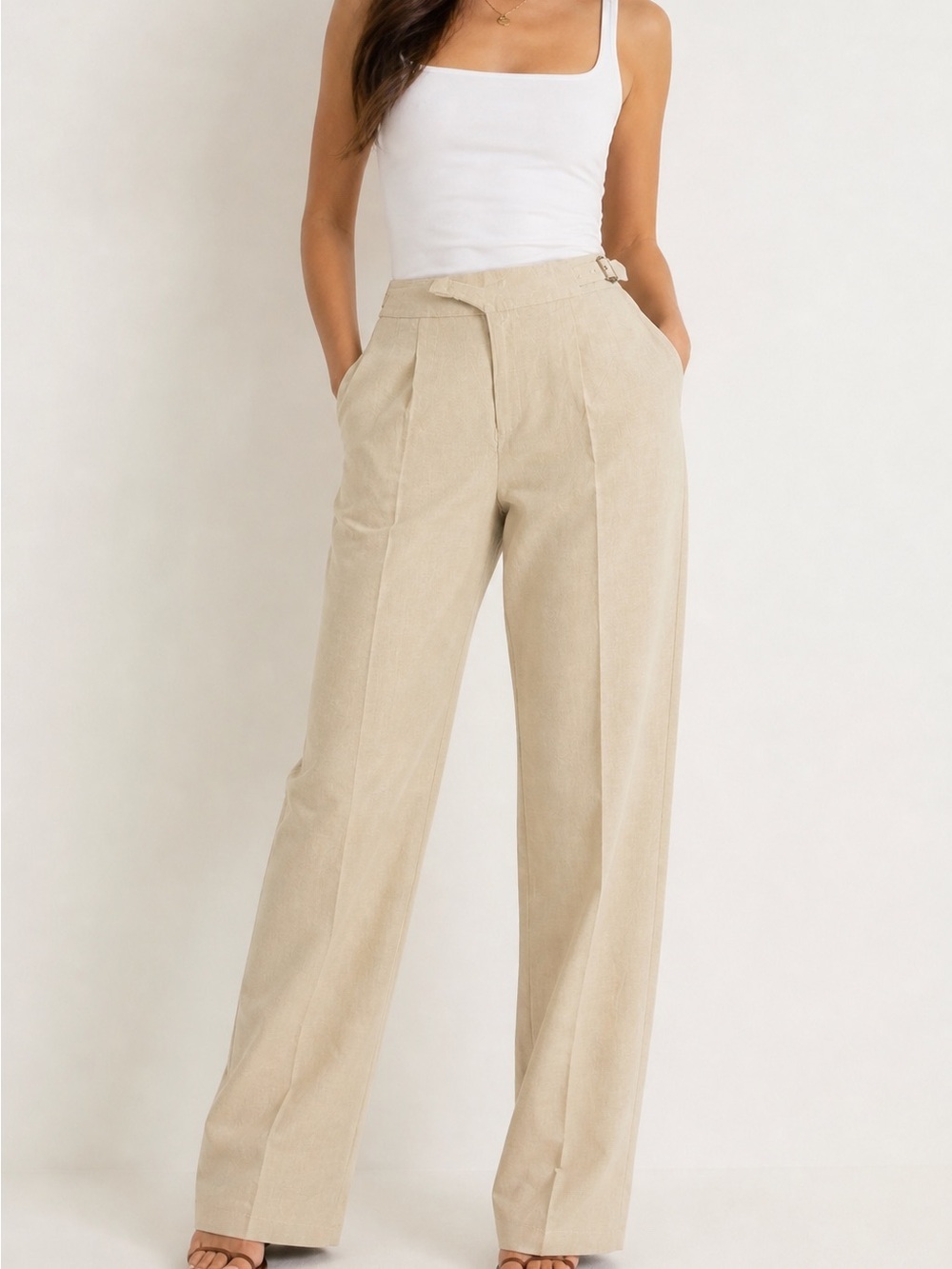 Tailored Wide-Leg Trousers in Light Beige